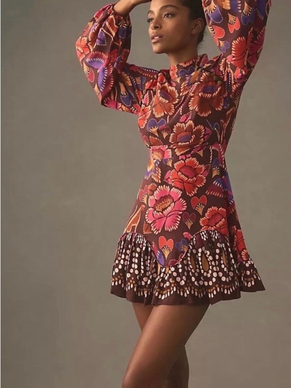 FARM Rio Brown Mini Dress with Pink and Red Floral Print